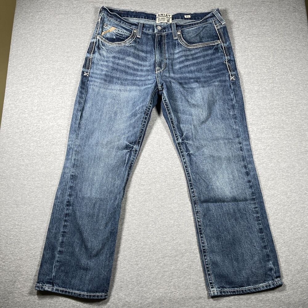 Ariat M4 Jeans Mens 37x30 Blue Denim Medium Wash Relaxed Bootcut Distressed